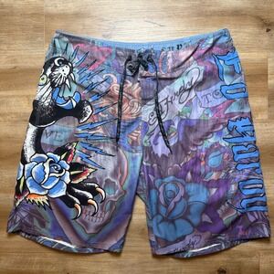 Ed Hardy Board Shorts Mens 38 Purple Tattoo Print Christian Audigier Swim Trunks